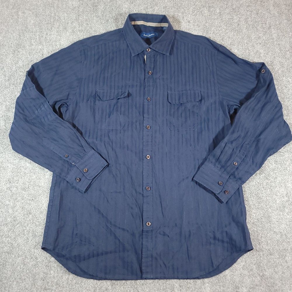 Tommy Bahama Shirt Mens M Navy Blue Striped Button Up Linen Blend Beach Tropical